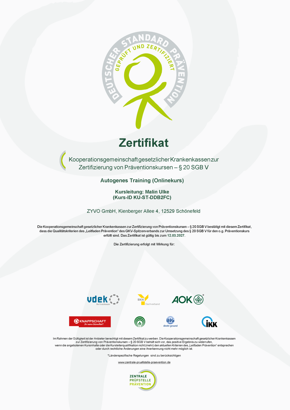 ZPP-Zertifikat Autogenes Training